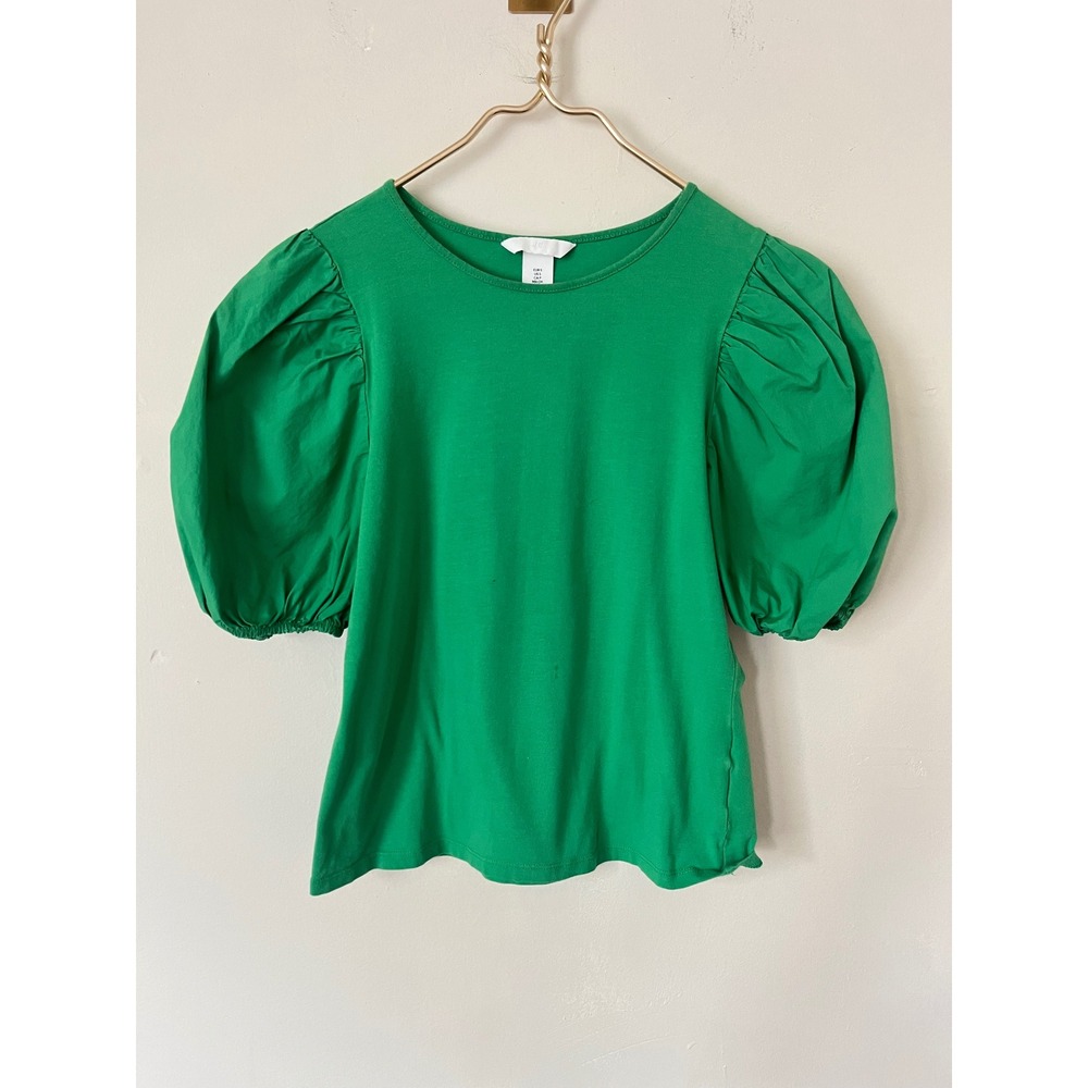 HM Womens Puff Sleeve Top Green spring summer Short Sleeve Cotton Blouse Small